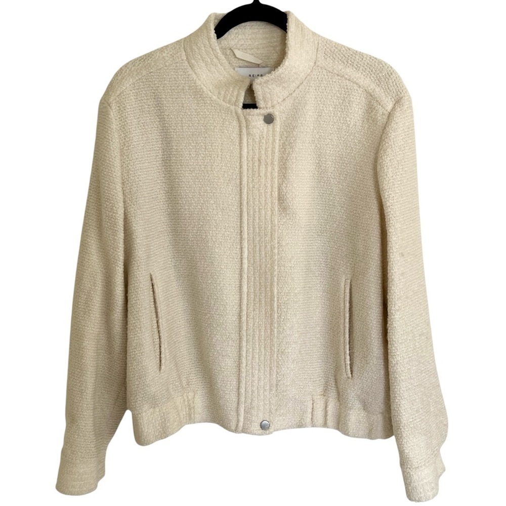 Reiss Beige Tahlia Wool Blend Boucle Bomber Size 10